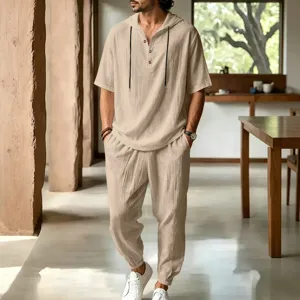 Detailed view of men casual linen hooded short sleeve shirt and long pants set in beige.