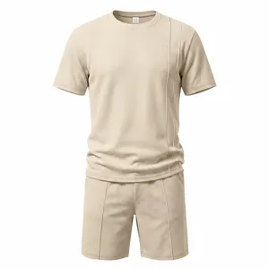 Men's casual waffle knit short sleeve t-shirt and shorts set summer loungewear outfit
