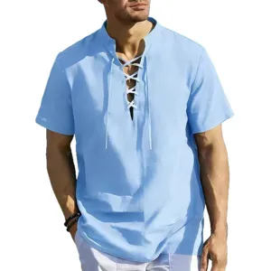 Men's Casual Short Sleeve Lace Up Henley Collar Shirt Retro Light Blue Summer Top