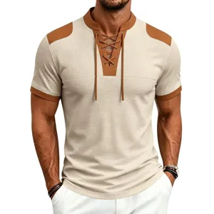 Detailed shot of the waffle knit men's short sleeve t-shirt with contrast color drawstring v-neck.