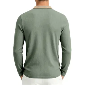 Men's casual long sleeve knit polo shirt in light green with contrasting beige lapel collar.