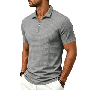 Close-up detail of men's grey grid texture short sleeve polo shirt with functional front zipper.