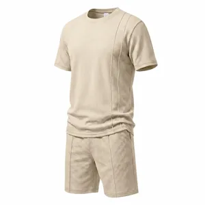 Men's waffle knit short sleeve t-shirt and shorts set in casual beige style detail view.