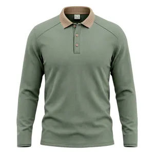 Close-up of men's long sleeve polo shirt, contrasting lapel collar, fine ribbed knit details.