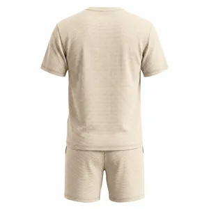 Men waffle knit short sleeve t-shirt and shorts set casual summer outfit beige color