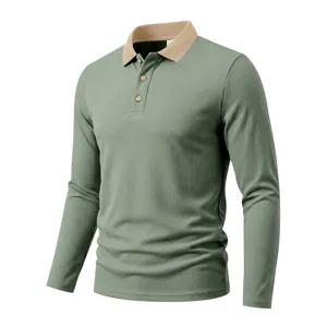 Close-up detail view of men's ribbed long sleeve polo shirt featuring contrast lapel collar.