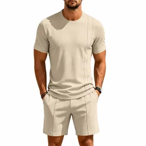 Men's casual waffle crew neck short sleeve t-shirt and shorts matching set detail.