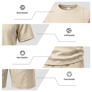 Men's waffle knit short sleeve t-shirt and shorts set detail view showing neck and hem.