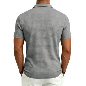 Men's grey grid textured short sleeve polo shirt casual business stylish top summer wear