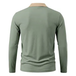 Men's long sleeve polo shirt detail back view, casual knit lapel top in sage green.
