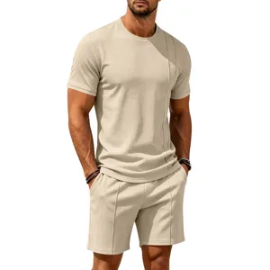 Close-up detail of mens waffle knit short sleeve top and shorts set in casual style.