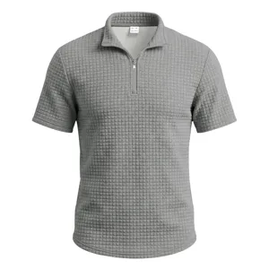 Men's Casual Waffle Knit Short Sleeve Polo Shirt with Zipper Collar for Summer