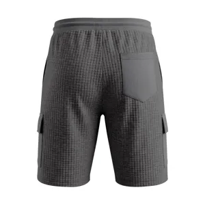 Back detail of mens grey waffle grid cargo shorts with multi pockets for summer outdoor casual wear.