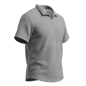 Grey waffle grid short sleeve zip polo shirt, casual business summer menswear detail view.