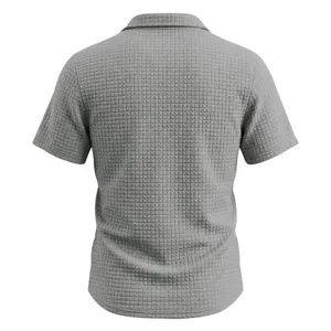 Back detail view of men's gray waffle knit short sleeve polo shirt with grid texture.