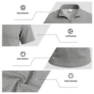 Detailed view of mens grey jacquard grid polo shirt, featuring stand collar and zipper.