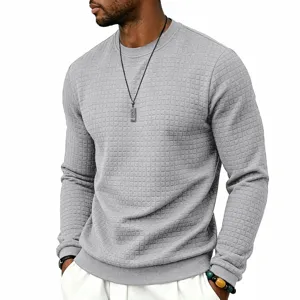Men grey jacquard crewneck long sleeve sweatshirt detail shot casual style breathable soft fabric