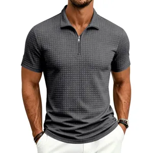 Men's short sleeve zip polo shirt casual grid jacquard summer business top dark grey.
