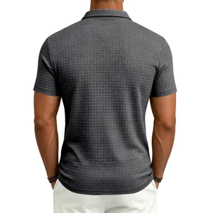 Back view detail of mens heavy retro jacquard grid short sleeve polo shirt, casual business fit.