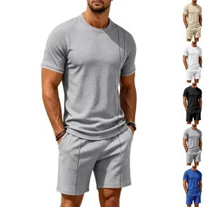 Men's Summer Waffle Knit Short Sleeve T-Shirt And Shorts Set Loose Casual Round Neck Top And Bottom Two Piece Sportswear Outfit