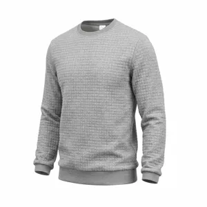Grey textured jacquard grid fabric detail of men crewneck long sleeve casual apparel
