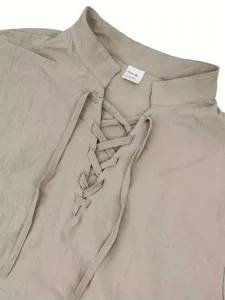 Camisa hombre lino manga larga cordones cuello mao casual transpirable comoda otoño top