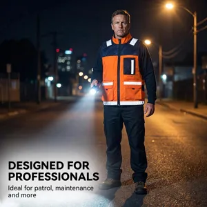 Detail view of tactical reflective work vest in night street scene with multi-pocket design