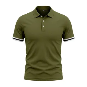 Detailed view of men olive green polo shirt with contrast striped cuffs and buttons.
