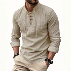 Camisa Casual de Manga Larga con Cuello Alto y Cordón para Hombre Color Sólido Corte Holgado