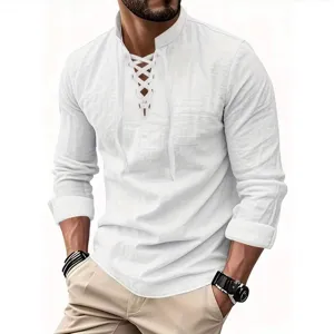 Camisa de lino de manga larga con cordones para hombre parte superior casual para otoño diario