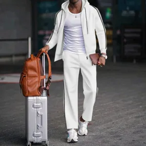 Chandal casual de hombre conjunto 2 piezas chaqueta con capucha blanca y pantalon rayas