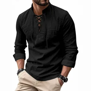 Camisa de Lino de Manga Larga para Hombre Cuello en V Cordones Tops Moda Otoño Ropa Casual