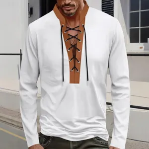 Mens waffle long sleeve shirt color block lace up casual top for autumn streetwear fashion