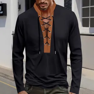 Men's waffle knit long sleeve shirt with contrast lace up mock collar casual autumn top.