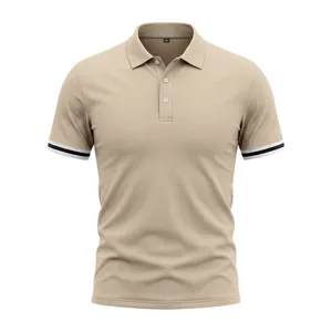Men's casual khaki short sleeve polo shirt detail showing striped cuffs and collar size tag.
