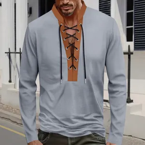 Men casual waffle knit long sleeve shirt with lace up mock neck for autumn daily wear