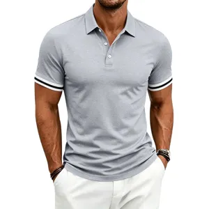 Men's summer short sleeve casual polo shirt featuring contrast striped cuffs and breathable fabric.