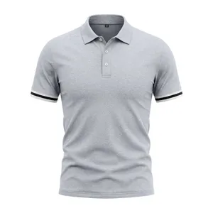 Men short sleeve polo shirt casual grey summer top with contrast color cuffs and buttons.