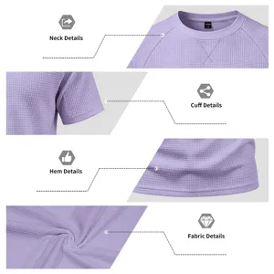 Men purple waffle knit short sleeve t-shirt detail view casual crewneck breathable top