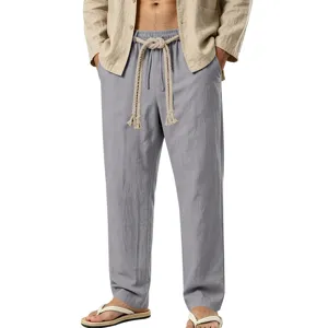 Pantalón informal de lino para hombre con cordón ajustable para las vacaciones de verano.