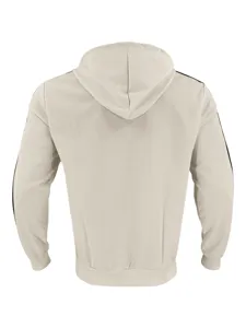 Detalle de espalda de sudadera con capucha de punto waffle, parte superior beige.
