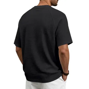 Men waffle short sleeve T-shirt casual breathable solid color black detail view back.