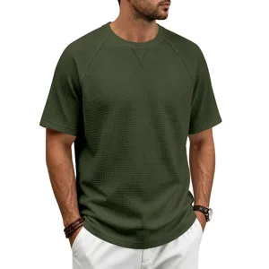 Men's military green waffle knit short sleeve t-shirt close up detail view, casual top.