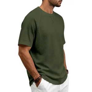 Men's solid color waffle knit short sleeve t-shirt casual crewneck breathable summer top