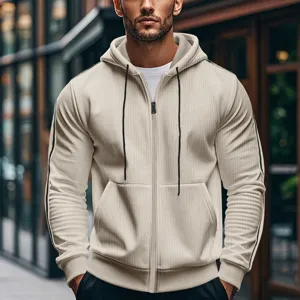 Chaqueta casual con capucha y cremallera para hombre con listas negras, ideal para otoño.