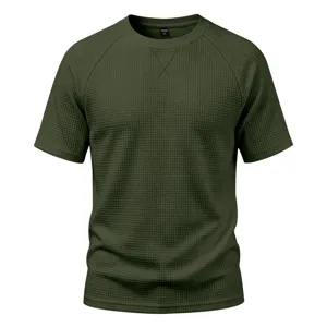 Men tactical waffle knit short sleeve t-shirt army green crewneck casual top detail view