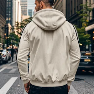 Detalle de chaqueta con capucha informal para hombre, elegante top urbano con rayas.