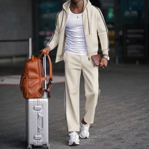 Conjunto de chándal informal para hombre con chaqueta con capucha y pantalón con rayas