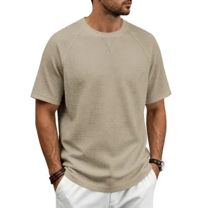 Men's casual waffle knit short sleeve t-shirt detailed view, solid khaki breathable fabric.