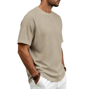 Men waffle knit short sleeve t-shirt close up detail view in khaki color casual wear